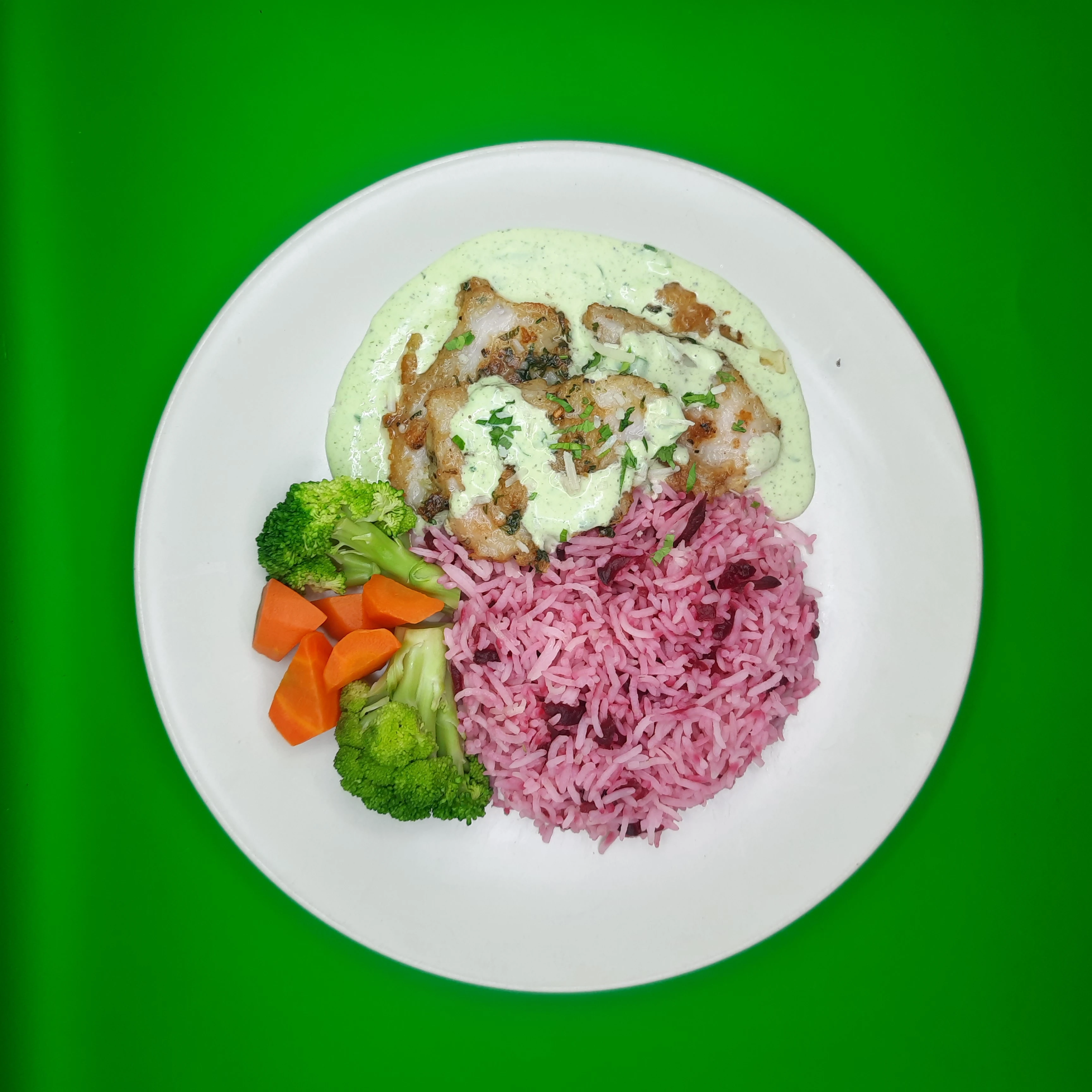 Baked parmesan garlic fish with beetroot rice